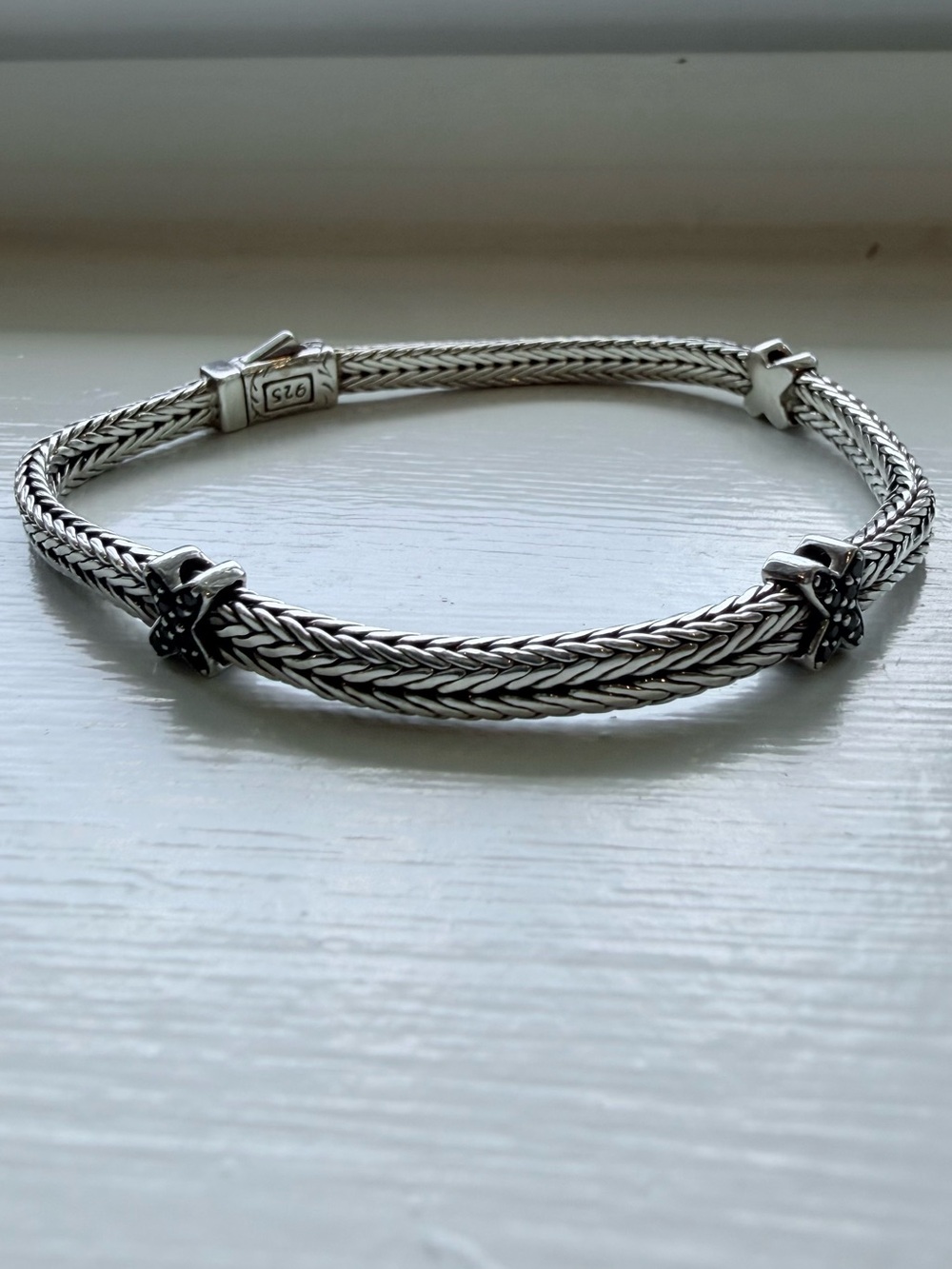 Phillip Gavriel Sterling Silver 7.25" Woven Bracelet with Round Black Sapphires